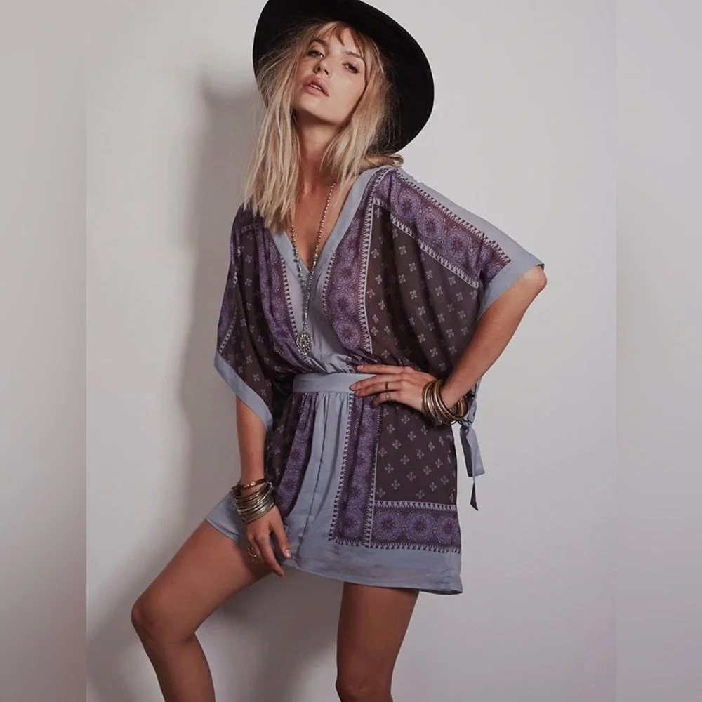 Free People Kimono Print Boho Festival Tunic Mini Dress XS Grey and Purple EUC